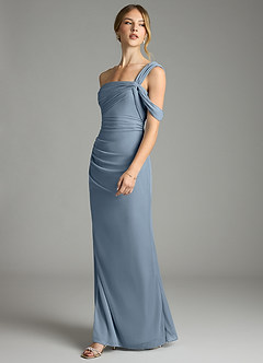 Azazie Tati Venta Final Vestido de Azul Polvoriento de Malla de Corte Recto con Vestidos sin tirantes image4