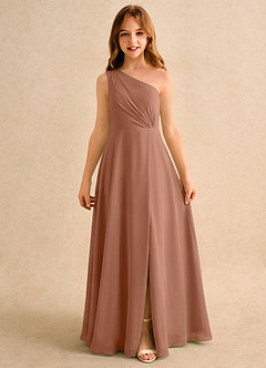Azazie Puddles Girls Formal Robe Demoiselle D'honneur Fillette Robe Trapèze en Mousseline de soie Une épaule Bronze image6