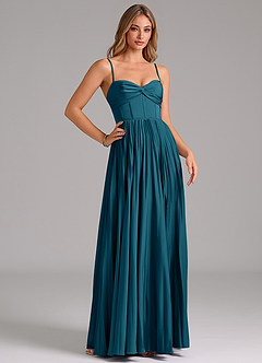 Azazie Akiko Robes de demoiselle d'honneur Robe Trapèze en Satin extensible Encolure en Forme de Cœur Bleu Encre image3