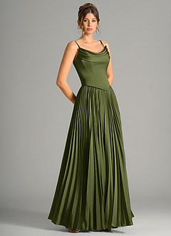 Azazie Saedra Bridesmaid Dresses Olive A-Line Corset Stretch Satin Dress image7