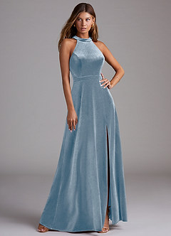 Azazie Clarice Bridesmaid Dresses Dusty Blue A-Line Side Slit Velvet Dress image1