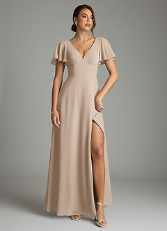 Azazie Kimber Bridesmaid Dresses Taupe A-Line Flounce Sleeve Chiffon Dress image2