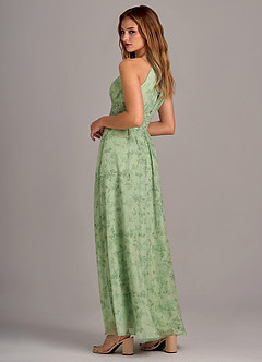 Azazie Bonnie Vestidos de damas de honor Vestido de Floral Helecho Verde de Gasa de Corte en A con Cuello de pico fruncido image5