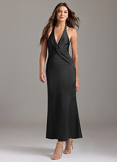 Azazie Valerie Vestidos de damas de honor Vestido de Negro de Satén Elástico de Corte Sirena con Plisado image3