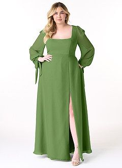 Azazie Leonia Bridesmaid Dresses Basil A-Line Long Sleeve Chiffon Dress image11