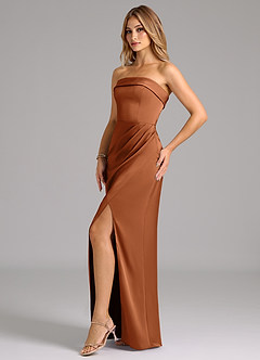 Azazie Aretha Robes de demoiselle d'honneur Robe Trapèze Convertible en Satin extensible Sans bretelles Cuivre image3
