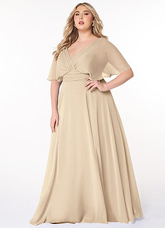 Azazie Pamela Bridesmaid Dresses Champagne A-Line V-Neck Pleated Chiffon Dress image6