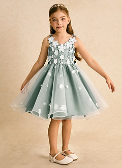 Azazie Junebug vestidos de niña de las flores Vestido de Marfil Eucalipto de Tul de Princesa con Encaje image6