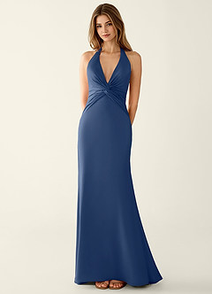 Clio Dark Navy Satin V-neck Mermaid Prom Dress image3