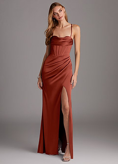 Azazie Brookelle Bridesmaid Dresses Terracotta Sheath Sweetheart Corset Stretch Satin Dress image4