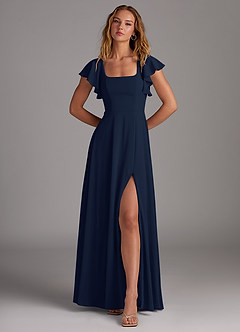 Azazie Bondi Vestidos de damas de honor Vestido de Azul Marino Oscuro de Chifón elástico de Corte en A con Corte Lateral image4