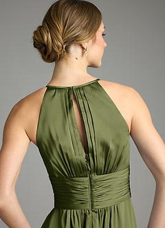 Azazie Bonnie Bridesmaid Dresses Olive A-Line Pleated Stretch Satin Dress image6