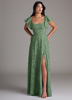 Azazie Bondi Bridesmaid Dresses Eucalyptus A-Line Side Slit Floral Burnout Dress image4