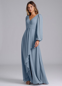 Azazie Liah Bridesmaid Dresses Dusty Blue A-Line Long Sleeve Chiffon Dress image4