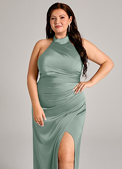 Azazie Jemma Brautjungfernkleider Etui Plissee Stretch-Satin Kleid Silberner Salbei image8