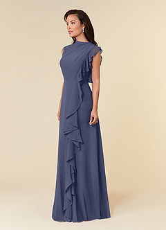Azazie Narine Mère de la mariée Robes Robe Trapèze en Mousseline de soie Encolure haute plissée Bleu Orageux image2