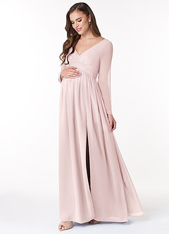 Azazie Teton Maternity Bridesmaid Dresses A-Line Long Sleeve Chiffon Floor-Length Dress image3