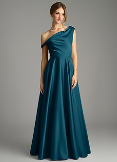 Azazie Xanthe Bridesmaid Dresses Ink Blue A-Line Off the Shoulder Stretch Satin Dress image3