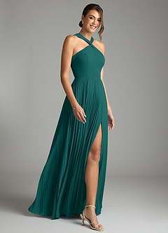 Azazie Afra Abiti da Damigella Abito A-Line in Chiffon Plissettato Verde Pavone image3