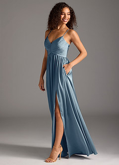 Azazie Alia Robes de demoiselle d'honneur Robe Trapèze en Satin extensible Plissée Bleu Poussiéreux image6