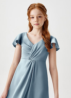 Azazie Soren Junior Dusty Blue A-Line Ruched Stretch Satin Dress image3