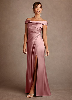 Azazie Bedford 신부의 어머니 드레스 쉬스 주름진 스트레치 새틴 플로어 길이 드레스 image2