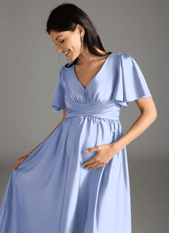 Azazie Verna Maternity Bridesmaid Dresses A-Line Ruched Stretch Satin Floor-Length Dress image1