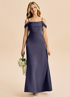 Azazie Lettie Junior A-Line Off-Shoulder Stræk satin Gulv-længde Junior brudepige Kjole image2