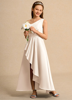 Azazie Taffy Girls Formal Abiti da Ragazza di Fiori Abito A-Line in Raso Opaco Pizzo Alabastro Bianco image4