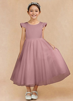 Azazie Hemi Robe Demoiselle D'honneur Fillette Robe Trapèze en Tulle Arc Rose Poussiéreuse image6
