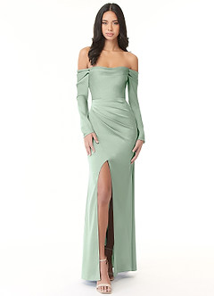 Azazie Hallie Bridesmaid Dresses Agave Sheath Off-The-Shoulder Long Sleeve Stretch Satin Convertible Dress image4