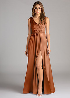 Azazie Tanicia Bridesmaid Dresses Copper A-Line Pleated Stretch Satin Dress image1