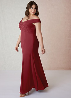Azazie Lecia Jurken voor bruidsmeisjes Converteerbaar Jurk van Chiffon met rijk Off-the-shoulder geplooid Granaatappel image10