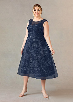Azazie Flynn Kleider für die Brautmutter A-Linie Bootshals Spitze Tüll Kleid Dunkelmarine image6
