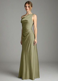 Azazie Emerson Bridesmaid Dresses Pistachio Mermaid Off the Shoulder Stretch Satin Dress image2