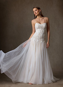 Azazie Lumina At-home Try On Dresses Diamond White Champagne A-Line Sweetheart Neckline Lace Dress image3