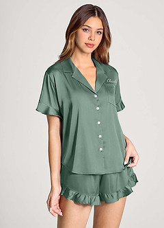 front 매칭 컬러 개인 자수 이름 주름 장식 반팔 파자마 세트