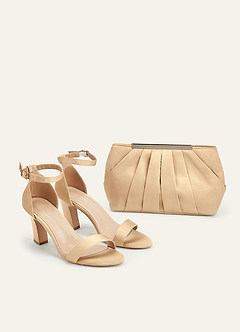 front Matchende farve stretch satin sandaler med chunky hæl og plisseret clutch sæt