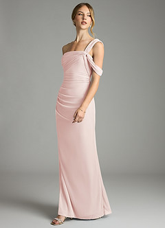 Azazie Tati Bridesmaid Dresses Rose Petal Sheath Off the Shoulder Mesh Dress image4