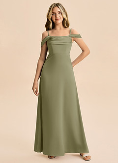 Azazie Lettie Junior A-Linie Schulterfrei Stretch-Satin Kleid Pistazie image4