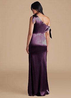 Azazie Xyla Bridesmaid Dresses Plum Sheath Off the Shoulder Metallic Satin Convertible Dress image5