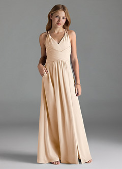 Azazie Farren Junior Vestido Alabastro Branco de Chiffon de Linha A com Plissado image3