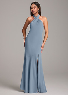 Azazie Lorena At-home Try On Dresses Dusty Blue Mermaid Pleated Chiffon Dress image4
