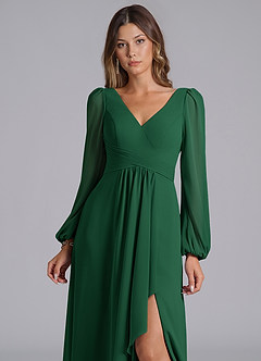 Azazie Liah At-home Try On Dresses Eucalyptus A-Line Long Sleeve Chiffon Dress image6