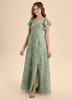 Azazie Bondi Junior Agave A-Line Bow Floral Burnout Dress image1