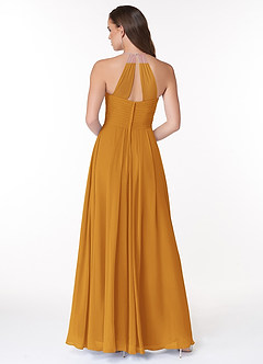 Azazie Ginger Bridesmaid Dresses Butterscotch A-Line Halter Pleated Chiffon Dress image2