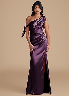 Azazie Xyla Bridesmaid Dresses Plum Sheath Off the Shoulder Metallic Satin Convertible Dress image1