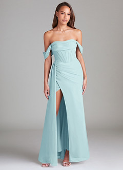 Azazie Amyra Bridesmaid Dresses Sea Glass Sheath Off the Shoulder Chiffon Convertible Dress image1