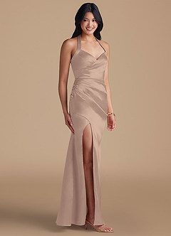 Azazie Emeria Robes de demoiselle d'honneur Robe Fourreau en Satiné métallisé Fente Latérale Taupe image6
