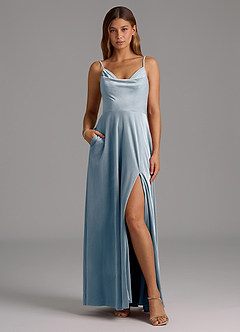 Azazie Sarella Bridesmaid Dresses Dusty Blue A-Line Pleated Velvet Dress image5